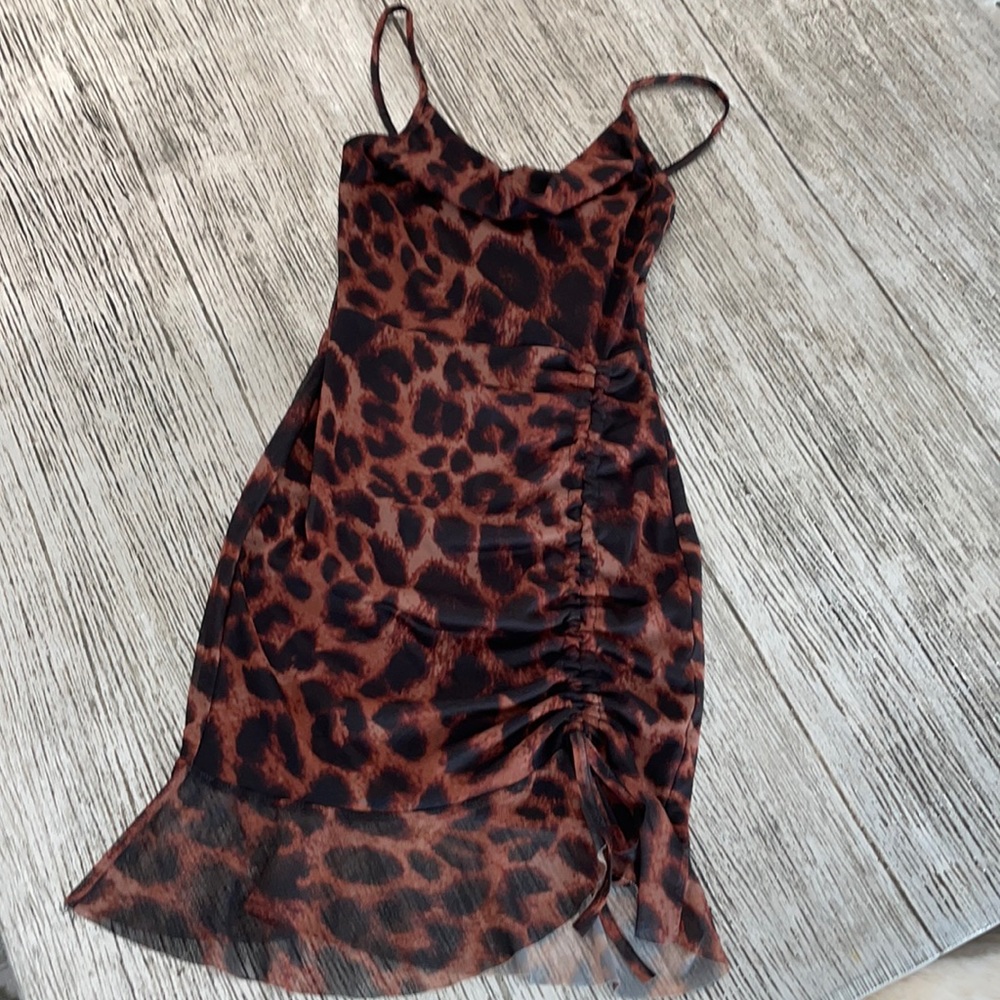 Brown Mesh Leopard Print Ruched Bodycon Dress